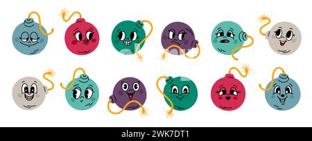 Comic-Bombenfiguren. Runder Sprengstoff mit Wickeln und Retro-Gesichtern. 50er und 60er Jahre alte Animation. Niedlicher Dynamit-Boom. Glückliche oder traurige Emotionen Stock Vektor