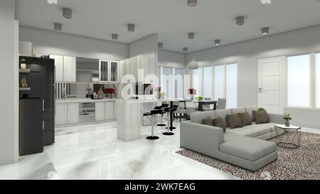 Modernes und luxuriöses Innenhaus mit Wohn-, Küche- und Esszimmer Stockfoto