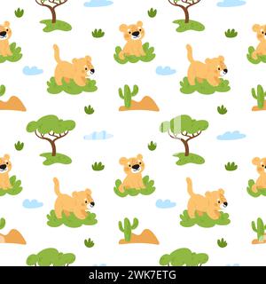 Cute lion seamless pattern. Repeated funny lioness cubs. Kids print. Elements of savannah. Cartoon predatory animals. Safari trees. Wild feline baby Stock Vektor