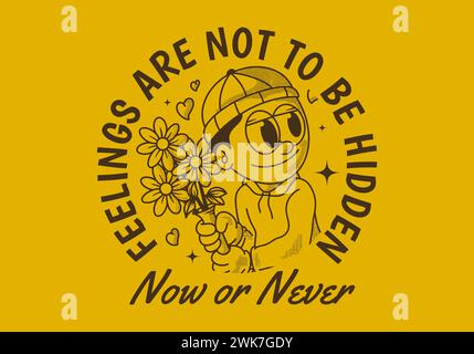 Jetzt oder nie. Vintage-Illustration eines Beanie-Typen, der eine Blume hält Stock Vektor
