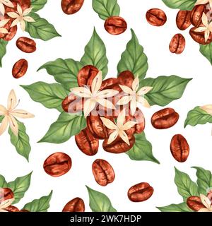 Nahtloses Muster von Kaffeebohnen mit Blüten und Blättern. Illustration mit Aquarell und Marker. Handgefertigte Kunst des Aromas von Robusta und Arabica-Varietät Stockfoto