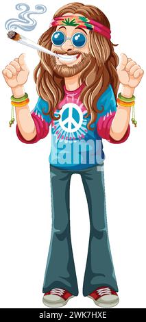 Cartoon Hippie mit Friedenszeichen und musikalischer Note Stock Vektor