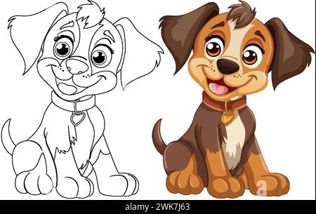 Zwei Zeichentrickhunde lächeln, einer farbig und einer umrissen. Stock Vektor