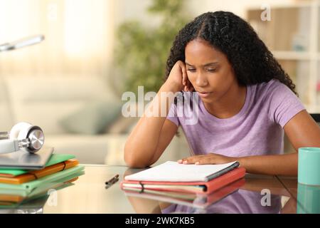 Schwarze Studentin, die Notizen auswendig studiert und zu Hause sitzt Stockfoto