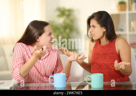 Zwei wütende Frauen zu Hause streiten sich in der Kaffeepause Stockfoto