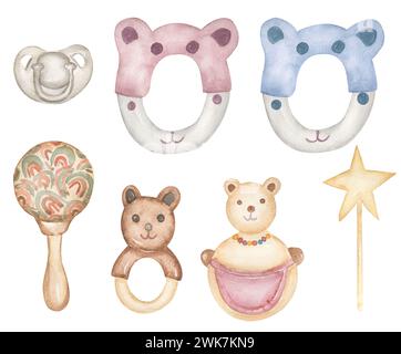 Baby Spielzeug Clipart Set, Aquarell Kinder Teddybär Illustration, Vintage Kinderzimmer Eco Spielzeug Clip Art, Neugeborenes Zahnen Spielzeug und Maracas, Kartendruck, Ba Stockfoto