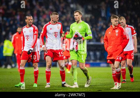 Bochum, Deutschland. Februar 2024. Leroy Sane (München), Eric Dier (München) Torwart Manuel neuer (München) Joshua Kimmich (München) enttäuscht VfL Stockfoto