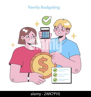 Konzept der Familienplanung. Intelligentes Finanzmanagement mit Einsparungen und Kostenverfolgung. Wirtschaftsplanung der Haushalte. Verantwortungsvolle Ausgaben. Illustration des flachen Vektors. Stock Vektor