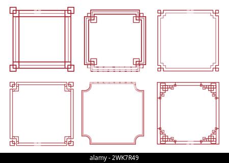 Chinesischer traditioneller Rahmen, Linienrand mit Knotenecken Ornament isoliert auf weißem Hintergrund. Asiatische Dekoration, Retro. Vektorabbildung Stock Vektor