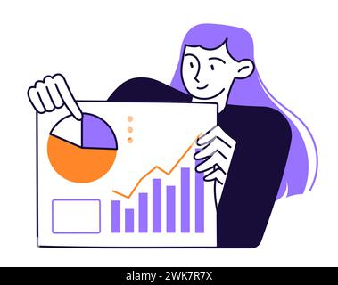 Frau arbeitet mit Statistiken, analysiert Daten Stock Vektor