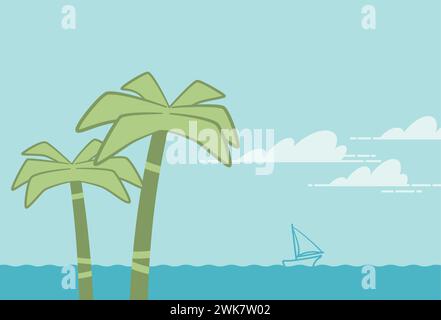 Illustration einer Sommerlandschaft mit zwei Palmen am Strand. Zeichnung mit einfachen geometrischen Formen. Stock Vektor