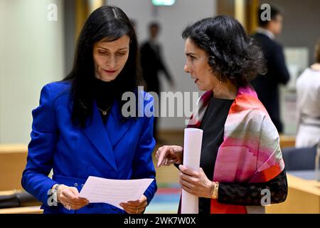 Die bulgarische Außenministerin Mariya Gabriel und die belgische Außenministerin Hadja Lahbib wurden während eines informellen Treffens der EU-Außenminister am Montag, den 19. Februar 2024, vom Rat der Europäischen Union in Brüssel organisiert. Die Witwe des russischen Gegners Alexej Nawalny wird an der Tagung des Rates für Auswärtige Angelegenheiten teilnehmen. Nawalny war einer der bekanntesten politischen Gegner des russischen Präsidenten Putin. Er verbüßte eine 19-jährige Haftstrafe wegen "Extremismus". Er wurde im IK-3 Straflager in Charp in der Arktis von Jamalia inhaftiert. Er starb dort am Freitag. BELGA PHO Stockfoto