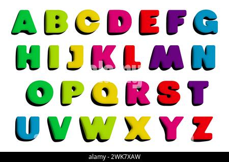 Farbenfrohes 3D-Alphabet, spielerische Schriftart. Kräftige, lebendige Buchstaben für die Entwicklung der Alphabetisierung, Vorschulklassen, frühes Lesen, Schreiben Stock Vektor