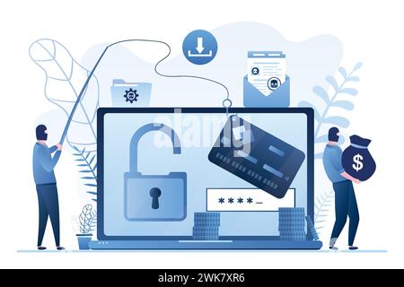 Hintergrund des Data Phishing-Konzepts. Online-Betrug, Malware und Passwort-Phishing. Laptop mit Kreditkarte und Gruppe von Hackern in Maske Angriff Computer. Fi Stock Vektor