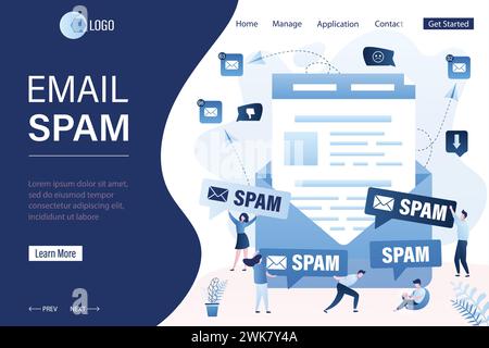 Vorlage für Spamming- und Hacking-Angriffe auf der Landing-Page. Walware, Phishing-Konzept Hintergrund. Großer E-Mail-Brief, winzige Geschäftsleute, die Spam-Sprache halten Stock Vektor