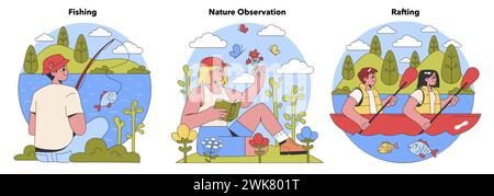 Outdoor-Aktivitäten Set. Ruhiges Angeln, gezielte Naturstudien, abenteuerliches Rafting. Freizeitaktivitäten im Schoß der Natur. Illustration des flachen Vektors. Stock Vektor