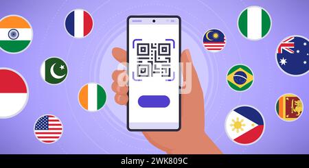 Hand hält ein Smartphone mit QR-Code und internationalen Flaggen: Zahlungen, Geldtransfer und Währungsumtausch-App Stock Vektor