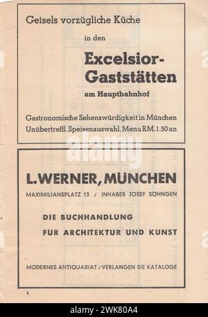 1937 Münchener jahr Austellung, neue Pinakothek , August-Oktober, 9-17 Uhr, Eintritt 50PF / 1937 Münchener Jahresausstellung, neue Bildergalerie, von August bis Oktober, 9-17 Stunden, Eintritt 50PF 1930er Jahre deutsche Kunstausstellung / die deutsche Kunst der 1930er Jahre / Deutsche Bildhauer / Deutsche Bildhauer / Deutsche Maler / deutsche Künstler . deutsche Werbung aus den 1930er Jahren / Deutsche Anzeigen / deutsche Werbung Stockfoto