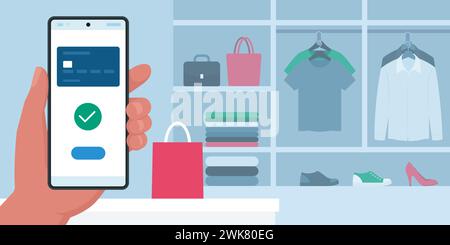 Kunde, der eine mobile Geldbörse-App auf seinem Smartphone in einem Bekleidungsgeschäft verwendet Stock Vektor