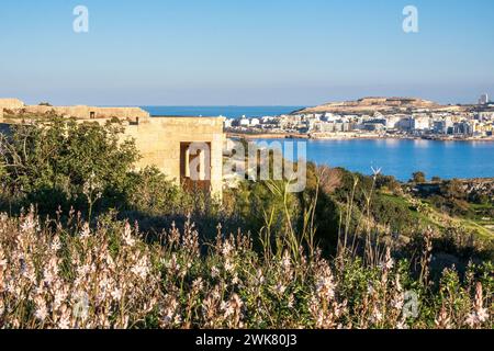 Blick von Fort Campbell, einer Batterie der britischen Armee aus dem Zweiten Weltkrieg mit Blick auf St. Paul's Bay, Malta Stockfoto