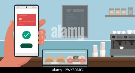 Kunde, der ein Smartphone hält und eine mobile Geldbörse für eine digitale Zahlung in einem Café verwendet Stock Vektor