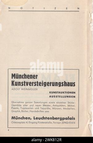 1937 Münchener jahr Austellung, neue Pinakothek , August-Oktober, 9-17 Uhr, Eintritt 50PF / 1937 Münchener Jahresausstellung, neue Bildergalerie, von August bis Oktober, 9-17 Stunden, Eintritt 50PF 1930er Jahre deutsche Kunstausstellung / die deutsche Kunst der 1930er Jahre / Deutsche Bildhauer / Deutsche Bildhauer / Deutsche Maler / deutsche Künstler . deutsche Werbung aus den 1930er Jahren / Deutsche Anzeigen / deutsche Werbung Stockfoto