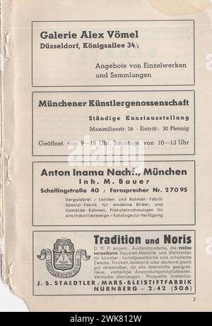 1937 Münchener jahr Austellung, neue Pinakothek , August-Oktober, 9-17 Uhr, Eintritt 50PF / 1937 Münchener Jahresausstellung, neue Bildergalerie, von August bis Oktober, 9-17 Stunden, Eintritt 50PF 1930er Jahre deutsche Kunstausstellung / die deutsche Kunst der 1930er Jahre / Deutsche Bildhauer / Deutsche Bildhauer / Deutsche Maler / deutsche Künstler . deutsche Werbung aus den 1930er Jahren / Deutsche Anzeigen / deutsche Werbung Stockfoto