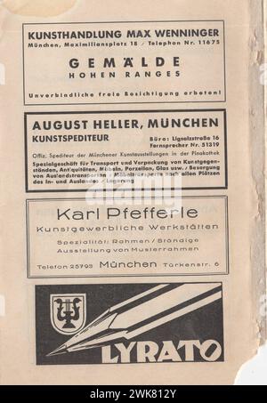 1937 Münchener jahr Austellung, neue Pinakothek , August-Oktober, 9-17 Uhr, Eintritt 50PF / 1937 Münchener Jahresausstellung, neue Bildergalerie, von August bis Oktober, 9-17 Stunden, Eintritt 50PF 1930er Jahre deutsche Kunstausstellung / die deutsche Kunst der 1930er Jahre / Deutsche Bildhauer / Deutsche Bildhauer / Deutsche Maler / deutsche Künstler . deutsche Werbung aus den 1930er Jahren / Deutsche Anzeigen / deutsche Werbung Stockfoto