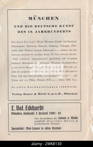 1937 Münchener jahr Austellung, neue Pinakothek , August-Oktober, 9-17 Uhr, Eintritt 50PF / 1937 Münchener Jahresausstellung, neue Bildergalerie, von August bis Oktober, 9-17 Stunden, Eintritt 50PF 1930er Jahre deutsche Kunstausstellung / die deutsche Kunst der 1930er Jahre / Deutsche Bildhauer / Deutsche Bildhauer / Deutsche Maler / deutsche Künstler . deutsche Werbung aus den 1930er Jahren / Deutsche Anzeigen / deutsche Werbung Stockfoto