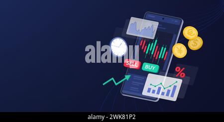 Handels- und Investitions-App auf Smartphone mit Charts, Finanz- und Technologiekonzept, Banner mit Kopierbereich Stock Vektor
