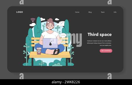Dritter Platz Webbanner oder Landing-Page im Nacht- oder Dunkelmodus. Geselliges Umfeld. Community Life Building, People Interaction und Kommunikationszone. Illustration des flachen Vektors Stock Vektor