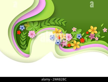 Frühling Sommer Papercut Hintergrund mit Origami Blumen Stock Vektor