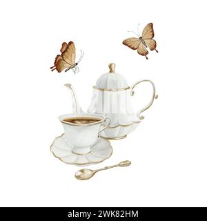 Zusammensetzung aus weißer Porzellan-Teekanne, Teetasse und Untertasse mit vergoldetem Rand, goldenem Metall-Teelöffel und Schmetterlingen. Viktorianischer Stil. Aquarellillustrat Stockfoto