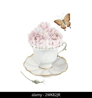 Teetasse aus weißem Porzellan und Untertasse mit vergoldetem Rand, rosa Hüftblüten und Schmetterling. Viktorianischer Stil. Aquarellabbildung handgemalt isolieren Stockfoto