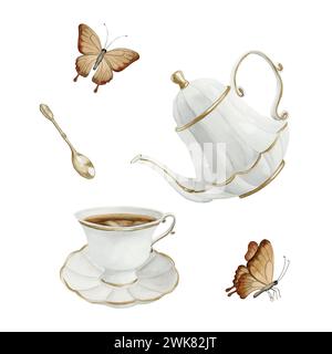 Zusammensetzung aus weißer Porzellan-Teekanne, Teetasse und Untertasse mit vergoldetem Rand, goldenem Metall-Teelöffel und Schmetterlingen. Viktorianischer Stil. Aquarellillustrat Stockfoto