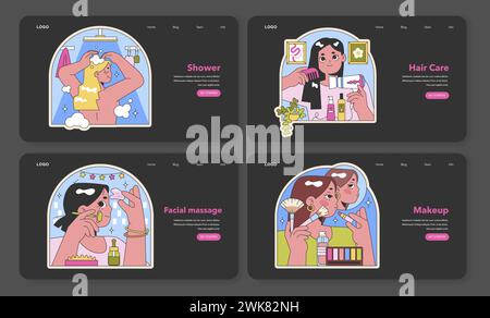 Selbsthilfesammlung. Lebendige Illustrationen, die Duschfrische, Haarpflegeprogramme, Gesichtsmassagen und Make-up-Kunst zeigen. Ein komplettes Spektrum an Schönheitsritualen für jeden Tag. Flacher Vektor Stock Vektor