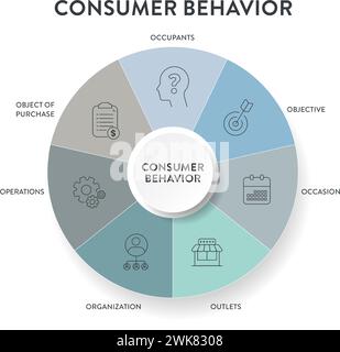 Strategie-Rahmen für das Verbraucherverhalten Infografik Diagramm Illustration Banner mit Symbolvektor enthält Insassen, Ziel, Anlass, Auslass, Organi Stock Vektor