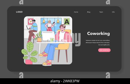 Kreatives Team bei der Arbeit in einem lebendigen Büro. Die Charaktere setzen sich mit Technik auseinander, diskutieren Projekte und zeigen einen gemeinsamen Geist. Künstlerische Einrichtung, Tageslicht. Illustration des flachen Vektors Stock Vektor