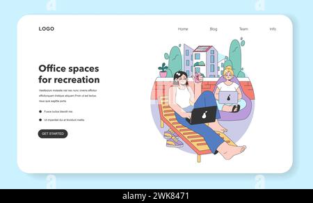 Entspannungskonzept auf dem Dach. Zwei junge Profis sitzen auf einer lebhaften Terrasse, arbeiten an Laptops und trinken kühle Getränke. Urbane Kulisse mit lebhaftem Grün. Illustration des flachen Vektors Stock Vektor