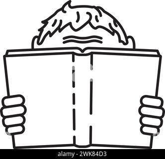 Junge liest ein Buch-Karikatur-Vektorlinie-Symbol für den Internationalen Kinder-Bilderbuchtag am 2. April Stock Vektor