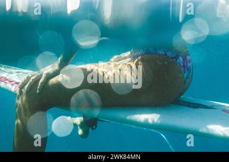 Unterwasseransicht Einer Surferin, die auf Eine Welle auf ihrem Surfbrett wartet Stockfoto