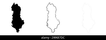 Albanien Country Silhouette. Set aus 3 hochdetaillierten Karten. Durchgehende schwarze Silhouette, dicker schwarzer Umriss und dünner schwarzer Umriss. Vektorillustration isoliert auf weißem Hintergrund. Stock Vektor