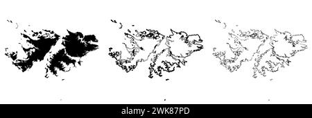 Falklands-Silhouette. Set aus 3 hochdetaillierten Karten. Durchgehende schwarze Silhouette, dicker schwarzer Umriss und dünner schwarzer Umriss. Vektorillustration isoliert auf weißem Hintergrund. Stock Vektor