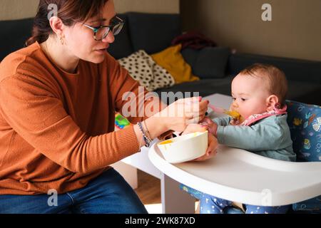 Mutter füttert ihr Mädchen mit Gemüsepüree und Huhn. Stockfoto