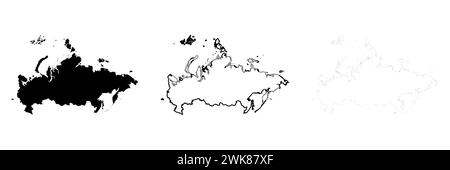 Russland Country Silhouette. Set aus 3 hochdetaillierten Karten. Durchgehende schwarze Silhouette, dicker schwarzer Umriss und dünner schwarzer Umriss. Vektorillustration isoliert auf weißem Hintergrund. Stock Vektor
