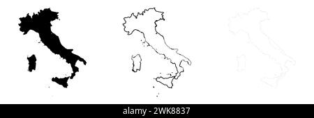 Silhouette des italienischen Landes. Set aus 3 hochdetaillierten Karten. Durchgehende schwarze Silhouette, dicker schwarzer Umriss und dünner schwarzer Umriss. Vektorillustration isoliert auf weißem Hintergrund. Stock Vektor