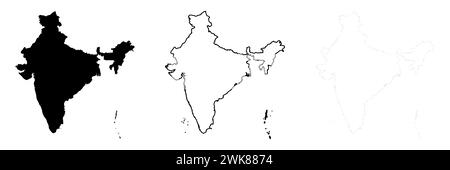 Indiens Country-Silhouette. Set aus 3 hochdetaillierten Karten. Durchgehende schwarze Silhouette, dicker schwarzer Umriss und dünner schwarzer Umriss. Vektorillustration isoliert auf weißem Hintergrund. Stock Vektor