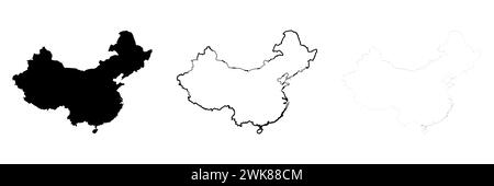 Silhouette des China Country. Set aus 3 hochdetaillierten Karten. Durchgehende schwarze Silhouette, dicker schwarzer Umriss und dünner schwarzer Umriss. Vektorillustration isoliert auf weißem Hintergrund. Stock Vektor