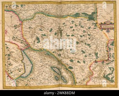 Atlas, Karte von 1623, Burgundia, Burgund, Frankreich und Schweiz, Digital restaurierte Reproduktion einer Gravur von Gerhard Mercator, geboren als Gheert Cremer, 5. März 1512 - 2. Dezember 1594, Geografin und Kartographin / Landkarte aus dem Jahre 1623, Burgundia, Burgund und Schweiz, digitale Restaurierte Reproduktion von einem Kupferstich von Gerhard Mercator, geboren als Gheert Cremer, 5. Vom 1512. Bis 2. März. Dezember 1594, Geograph und Kartograf Stockfoto