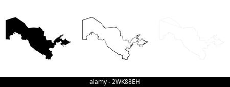 Usbekistan Country Silhouette. Set aus 3 hochdetaillierten Karten. Durchgehende schwarze Silhouette, dicker schwarzer Umriss und dünner schwarzer Umriss. Vektorillustration isoliert auf weißem Hintergrund. Stock Vektor